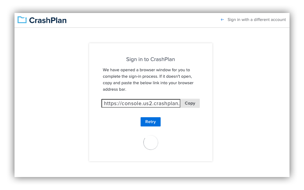 Sign in to CrashPlan screen, showing an option to copy the URL manually.png