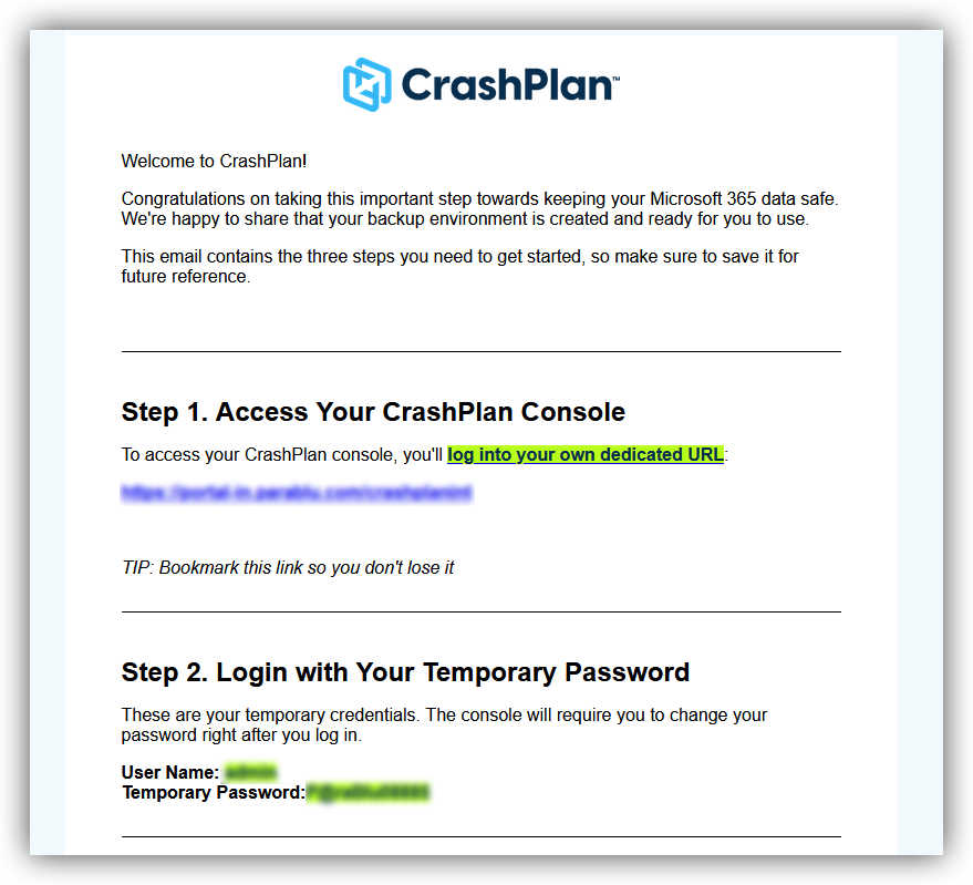 CrashPlan welcome email with login steps
