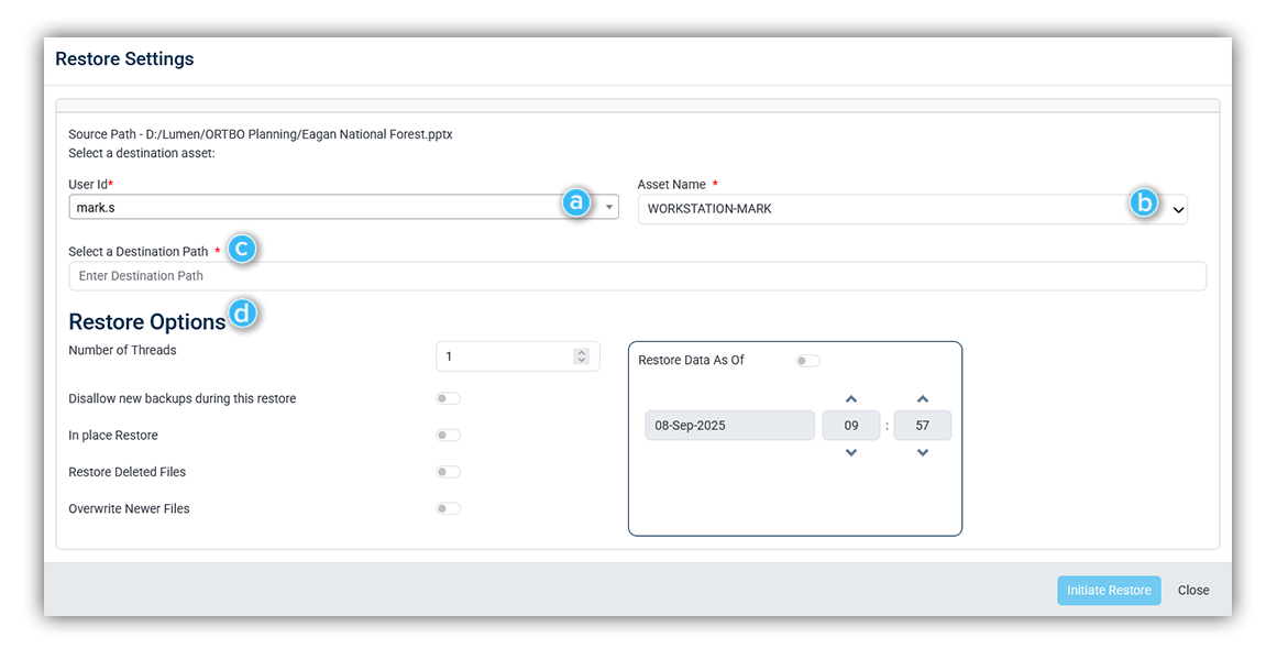Restore settings interface with user and asset fields