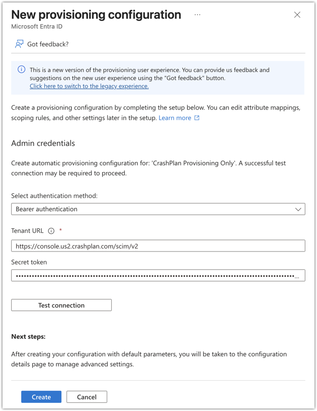 New provisioning configuration form