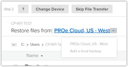 Partial screenshot of the Transfer Files screen with the destination menu open