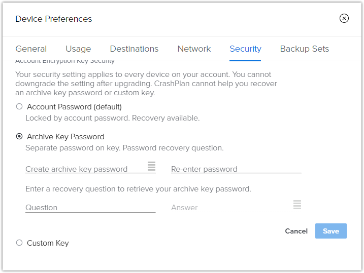 Security menu with archive key password selected