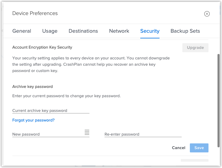 Change archive key password window