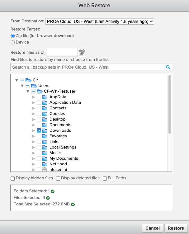 Example of the Zip restore menu