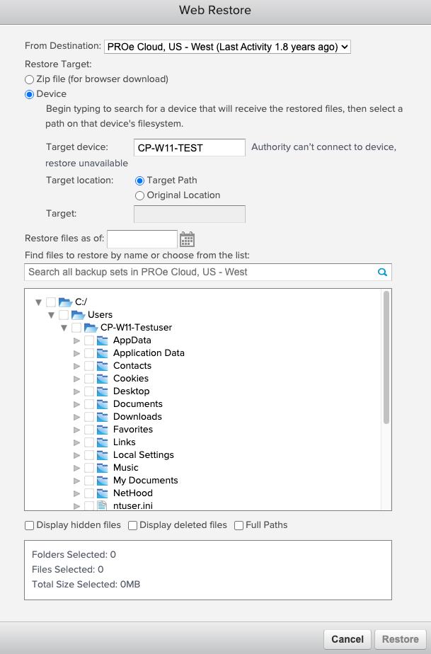 Example of the Device restore menu