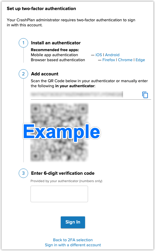 Example of the authenticator app setup screen