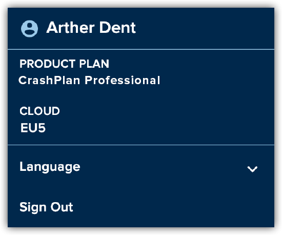 Screenshot of account menu showing product plan, cloud, language, and sign out.png