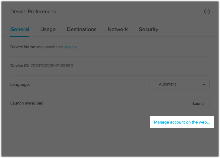 client device preferences with manage account link highlighted.png